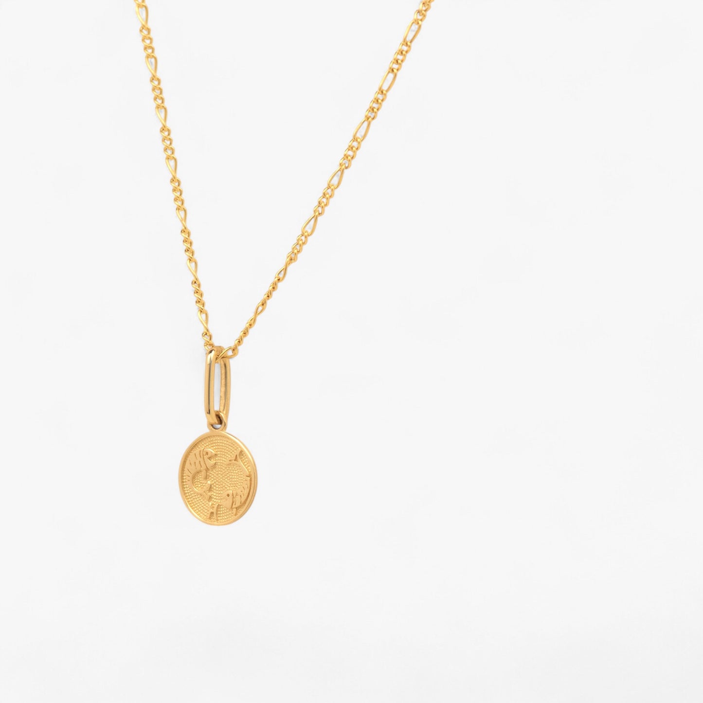 Pandantiv cu zodia pesti din aur de 14k pe lant din aur de 14k pe fundal alb. 14k solid gold Pisces zodiac charm on a 14k solid gold necklace on a white background