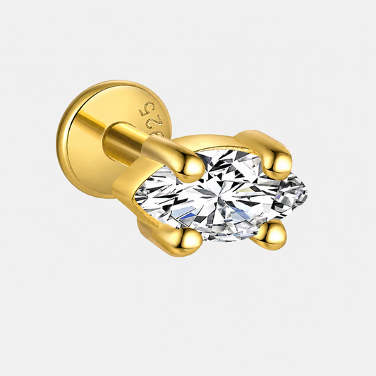 Marquise Flat Back Piercing Stud  14K Gold Plated Sterling Silver & Cubic Zirconia