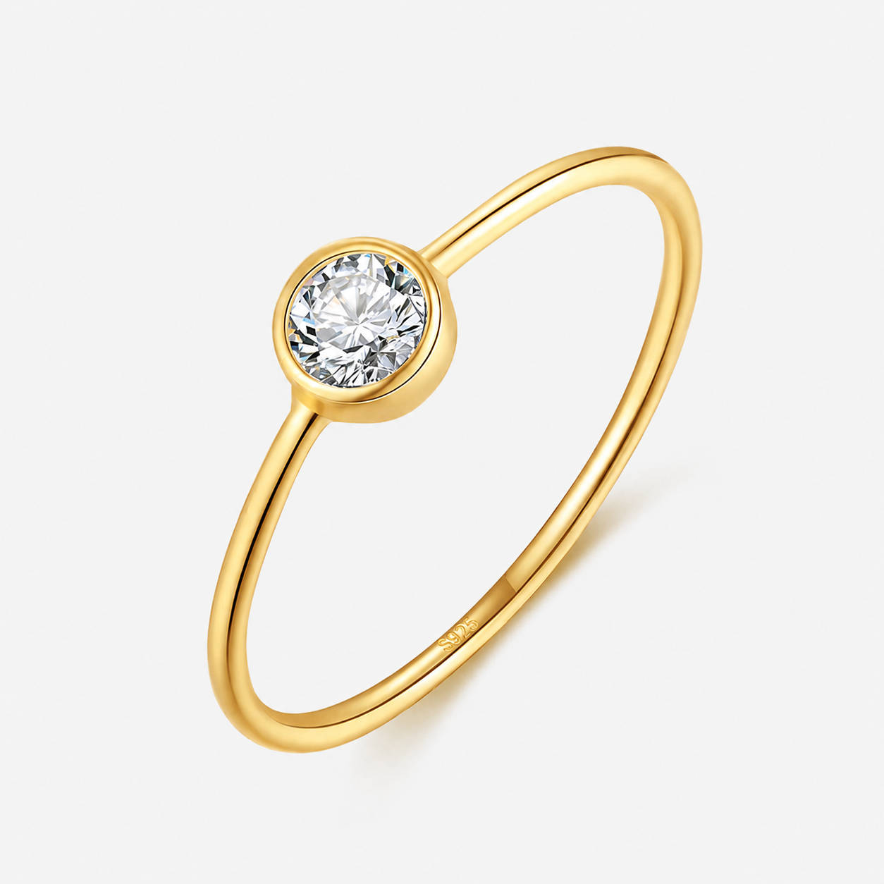 Round Solitaire Ring  14K Gold Plated Sterling Silver & Cubic Zirconia