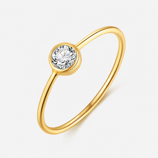 Round Solitaire Ring  14K Gold Plated Sterling Silver & Cubic Zirconia