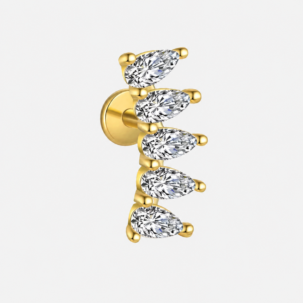 Teardrop Fan Flat Back Piercing Stud  14K Gold Plated Sterling Silver & Cubic Zirconia
