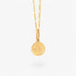 Pandantiv cu zodia fecioara din aur de 14k  pe lant din aur de 14k pe fundal alb. 14k solid gold Virgo zodiac charm  on a 14k solid gold necklace on a white background
