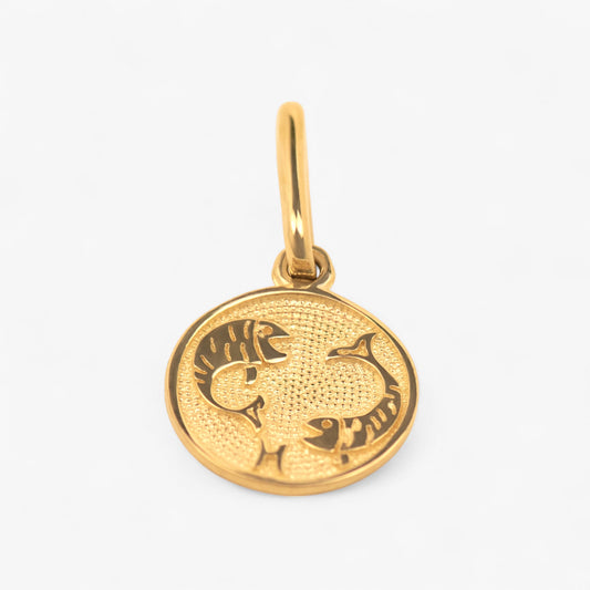 Pandantiv cu zodia pesti din aur de 14k pe fundal alb. 14k solid gold Pisces zodiac charm on a white background